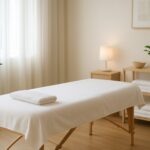 a clean massage table with a towel in a serene room setting