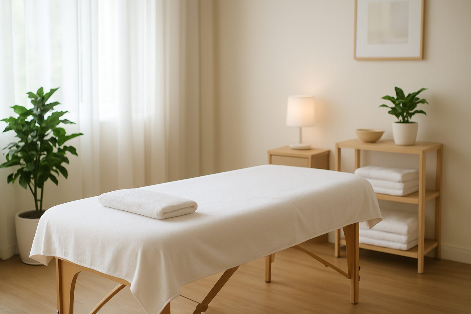 a clean massage table with a towel in a serene room setting